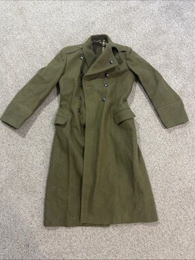 Men's Double-Breasted Wool Military Style Long Trench Coat — Olive Green